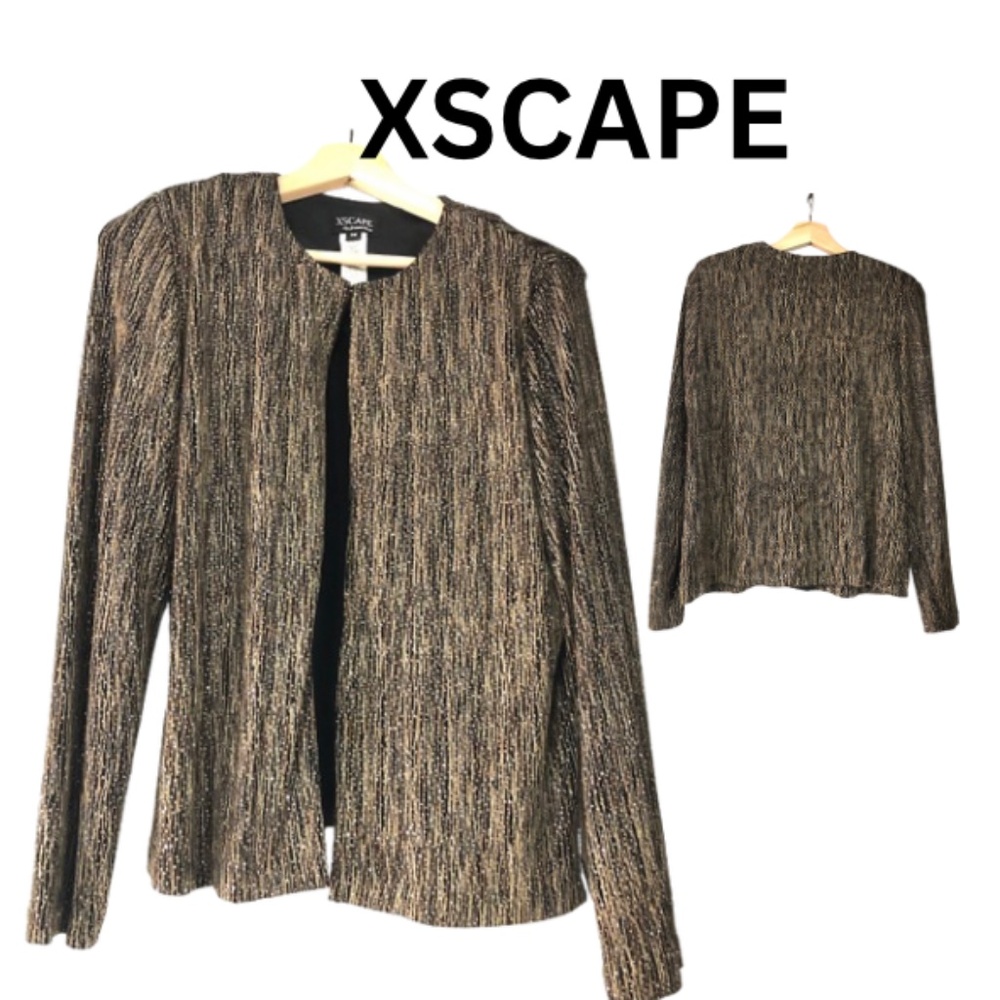 XSCAPE by Joanna Chen Black Gold Thread Open Front Jacket Size M – Formal Evenin